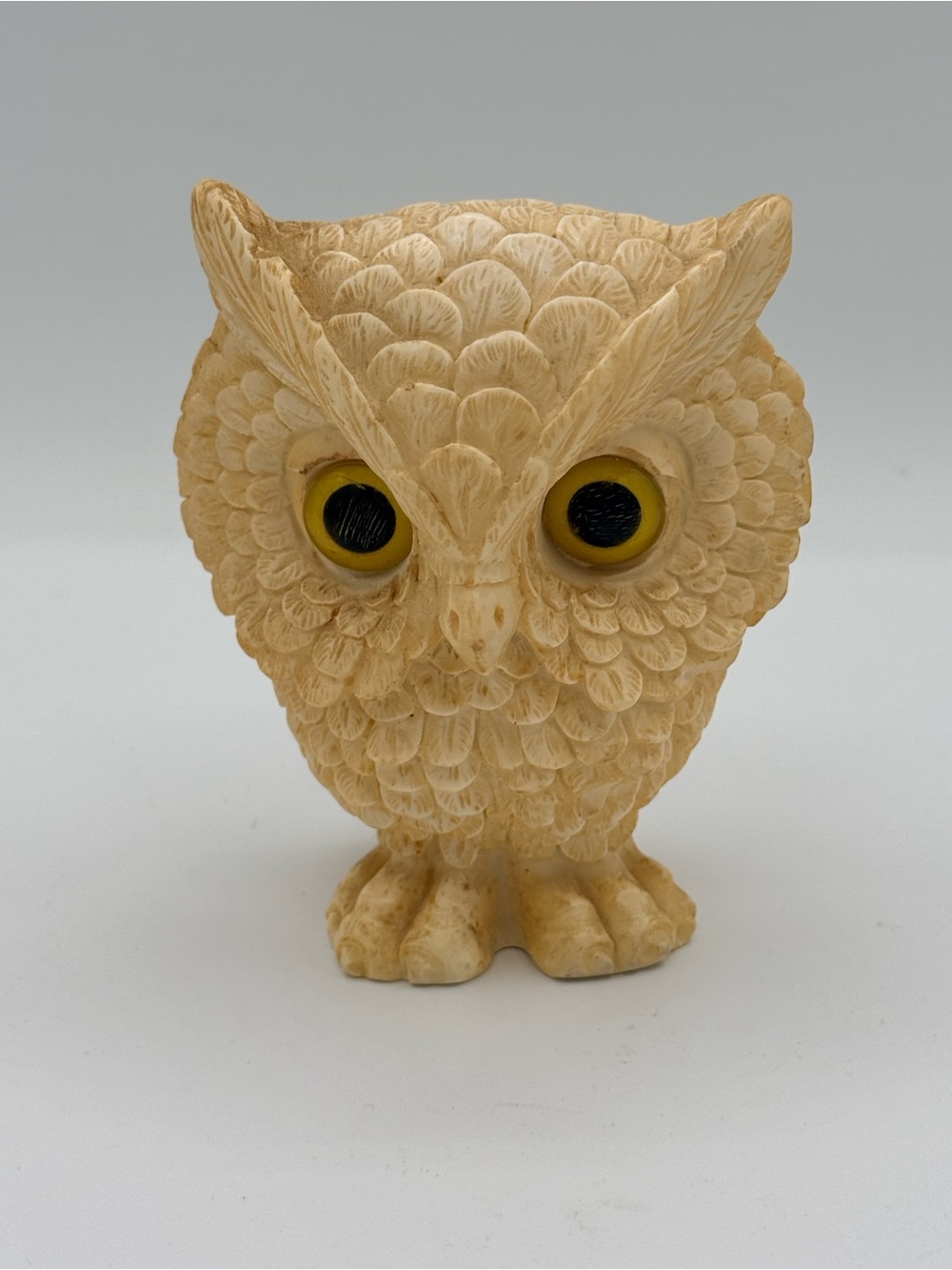 Carved Owl Figurine in Cream with Yellow Eyes